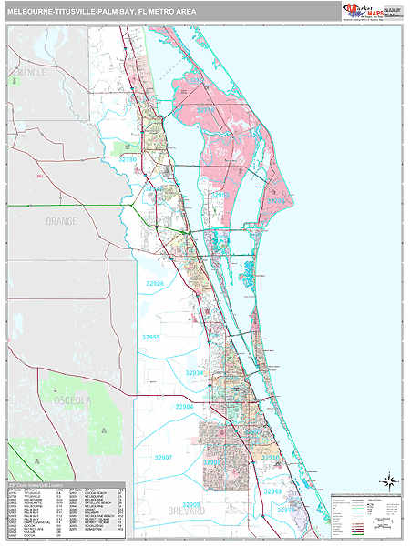 Melbourne-Titusville-Palm Bay Metro Area Zip Code Wall Map